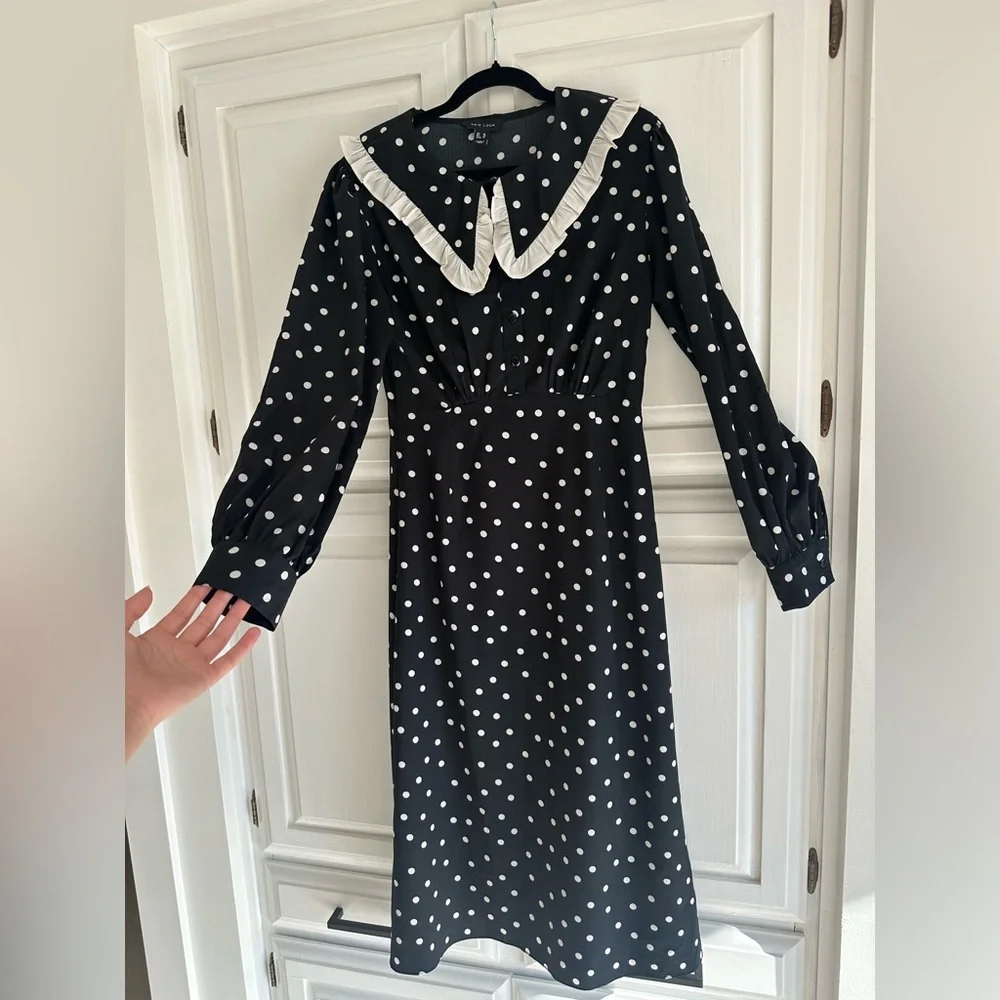 New Look Polka Dot Midi Dress Ruffle Collar Black White US 12 - Picture 6 of 7